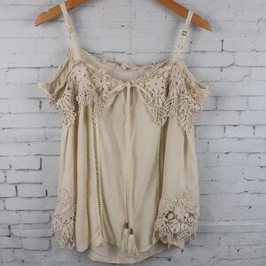 MOCHA CREAM COLD SHOULDER LONG SLEEVE TOP WITH LACE DETAIL SIZE MEDIUM